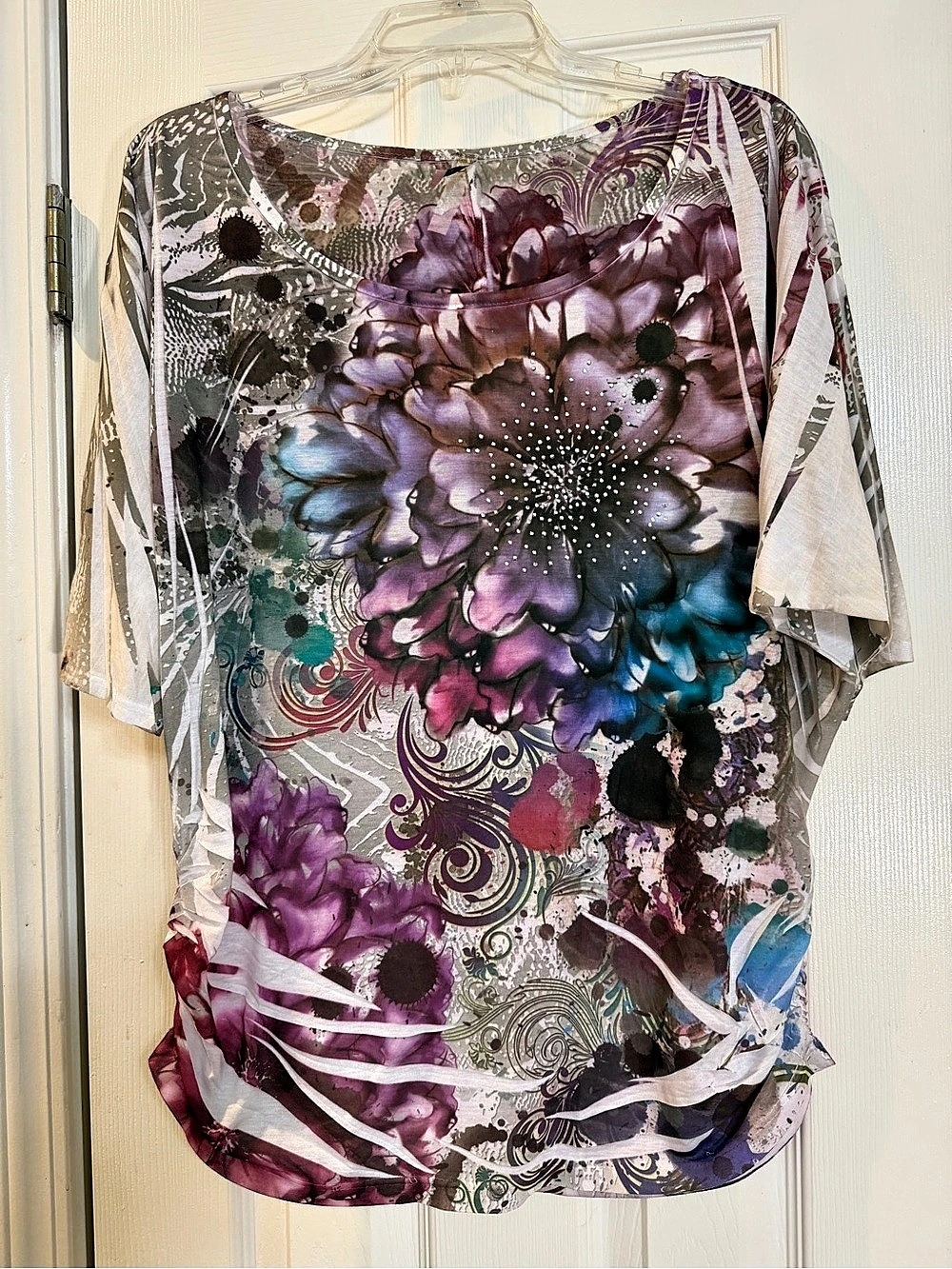 Bellezzo Floral Embellished Short Sleeve Top Purple Blue Size XL